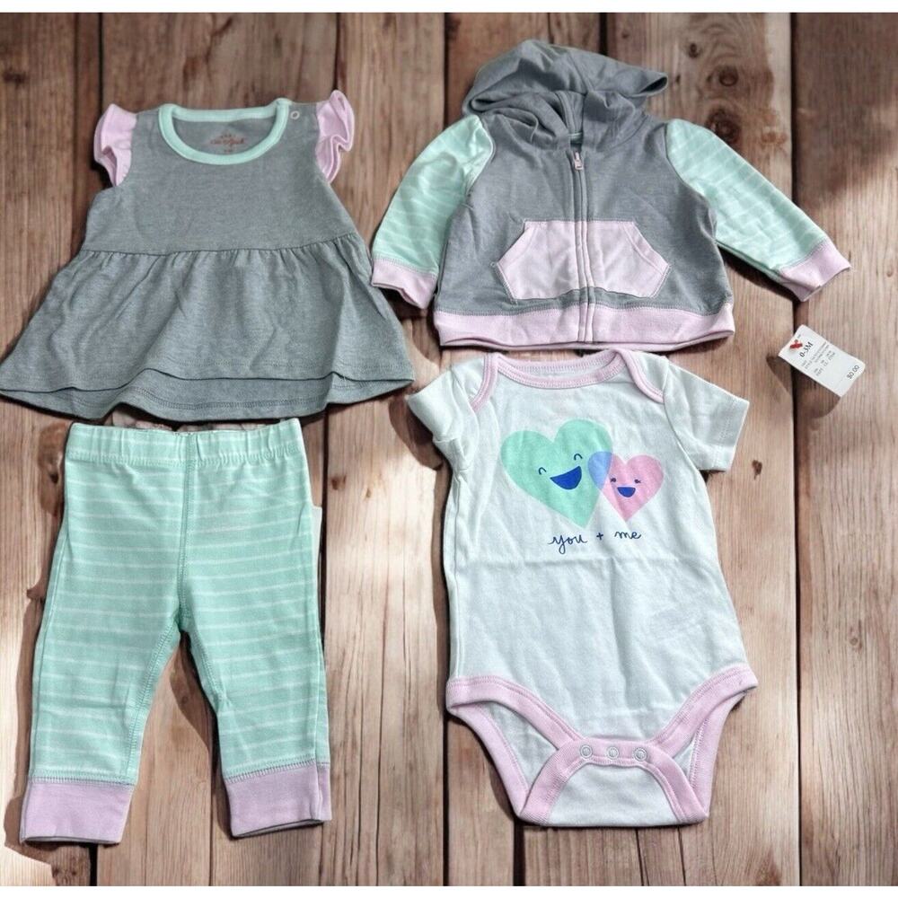 Cat & Jack Infant Girls 4 Piece Set Size 0-3M Dress Pant Bodysuit Hoodie Jacket
